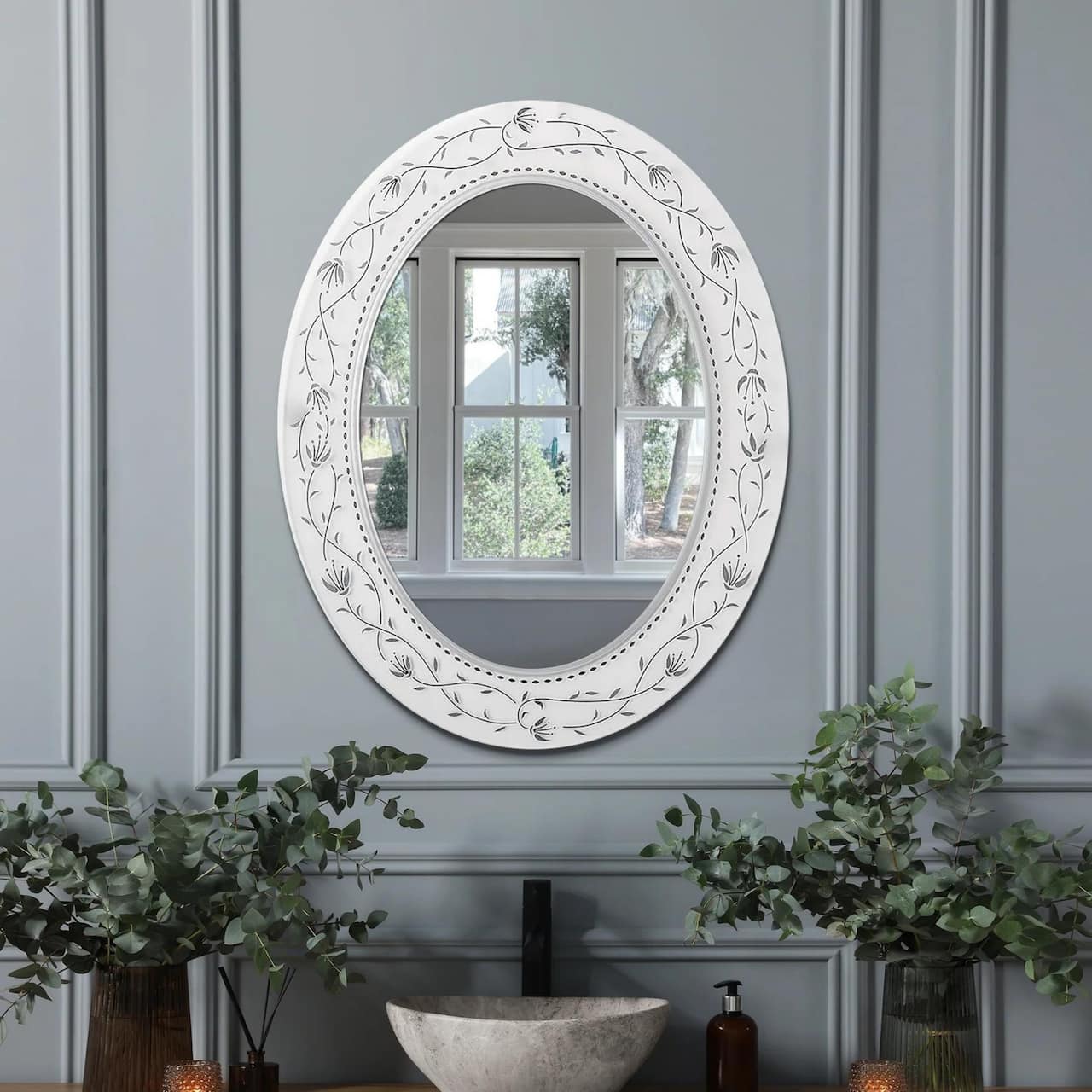 Head West Frosted Etched Tile Framed Oval Wall Vanity Mirror - 23" x 29"